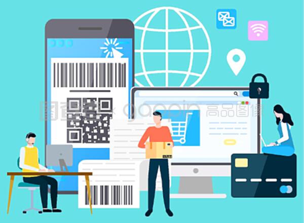 有支付保障的智能手機和計算機,購物和送貨。網上支付系統,帶筆記本電腦的字符。平面卡通風格的矢量插圖。國際商務現代技術小工具